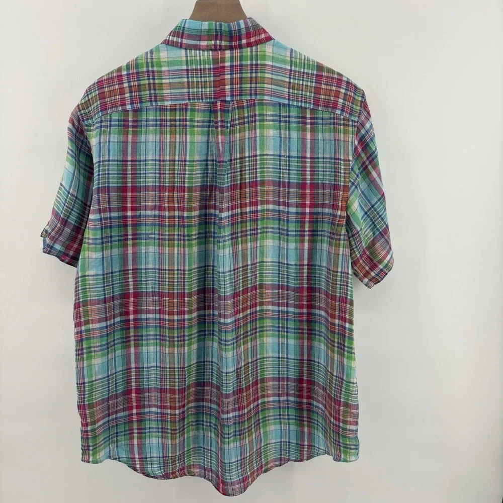 Polo Ralph Lauren 100% Linen Madras Shirt  Large Plaid Button Down Short Sleeve